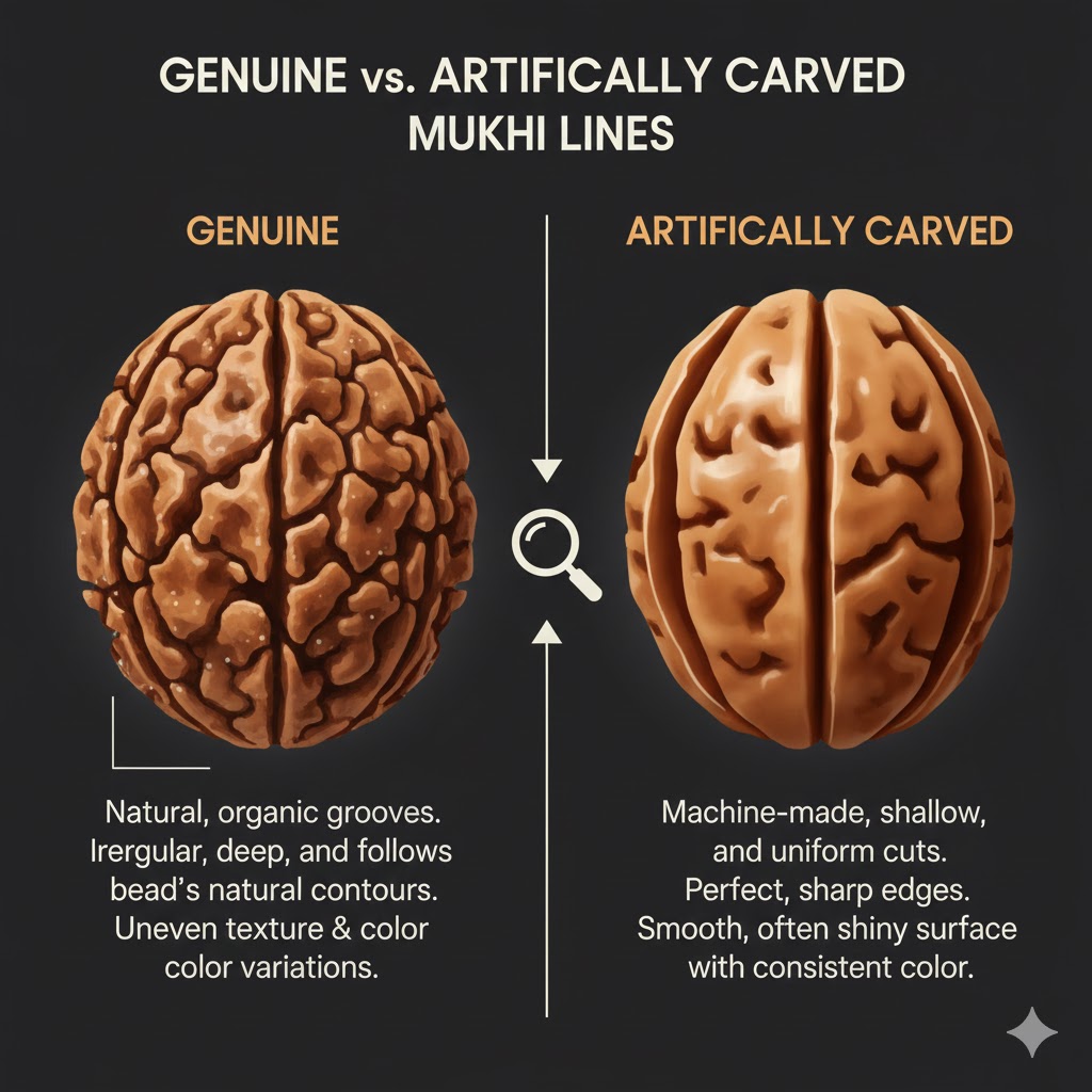Comparison diagram of natural Rudraksha mukhi lines versus artificially carved grooves