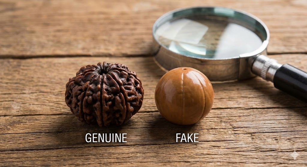 Comparison photo showing authentic Rudraksha bead next to a counterfeit plastic imitation