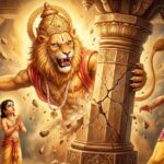 Lord Narasimha emerging from pillar to protect devotee Prahlada on Narasimha Jayanti
