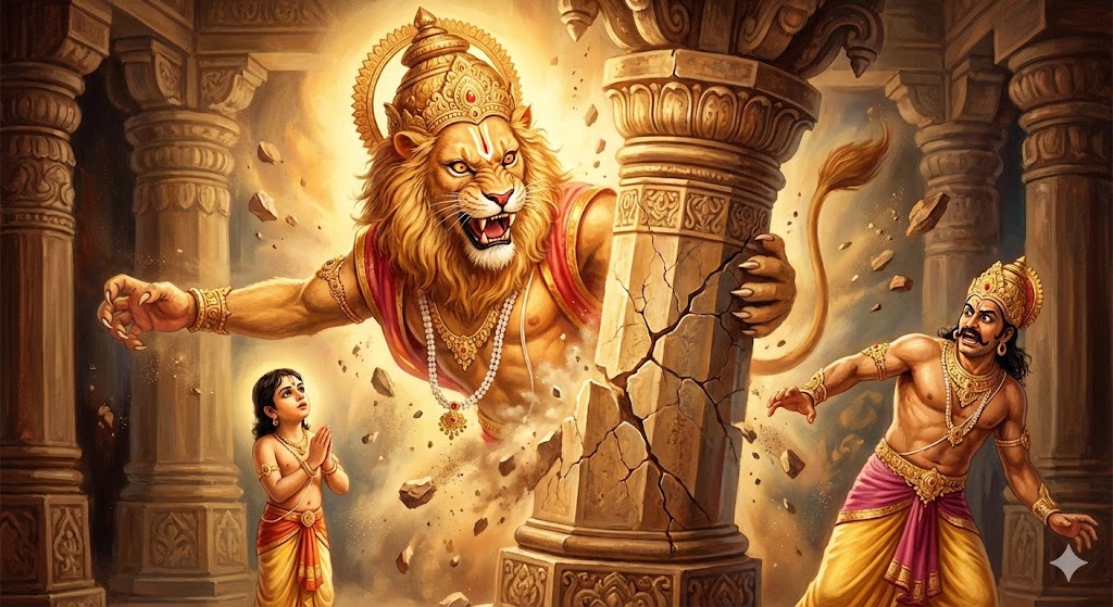 Lord Narasimha emerging from pillar to protect devotee Prahlada on Narasimha Jayanti