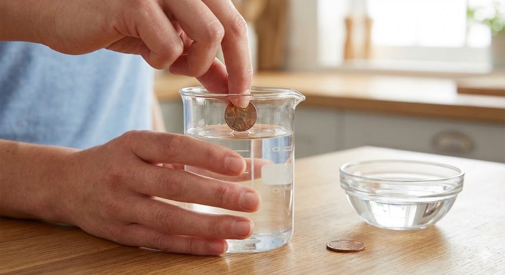Person performing copper coin test on Rudraksha bead showing proper hand positioning