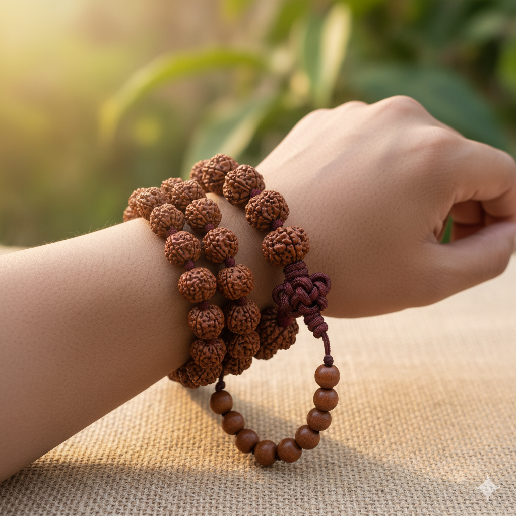 Indonesian Rudraksha mala bracelet worn for daily spiritual practice